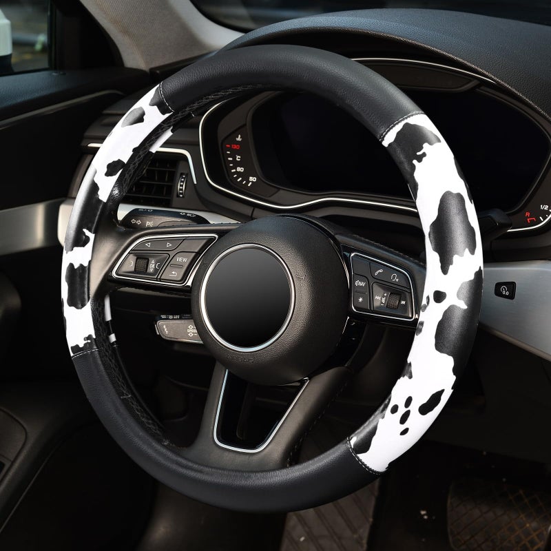 ZHOL Cow Print Steering Wheel Cover, Universal 14.5-15 inch Breathable Microfiber Leather Anti-Slip Car Steering Wheel Protector for Women Men, Black&White - Image 3